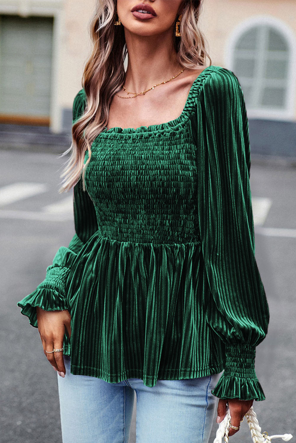 Blackish Green Velvet Babydoll Top