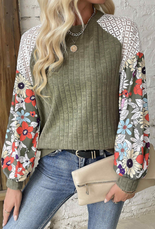 Green Floral Sweater Top