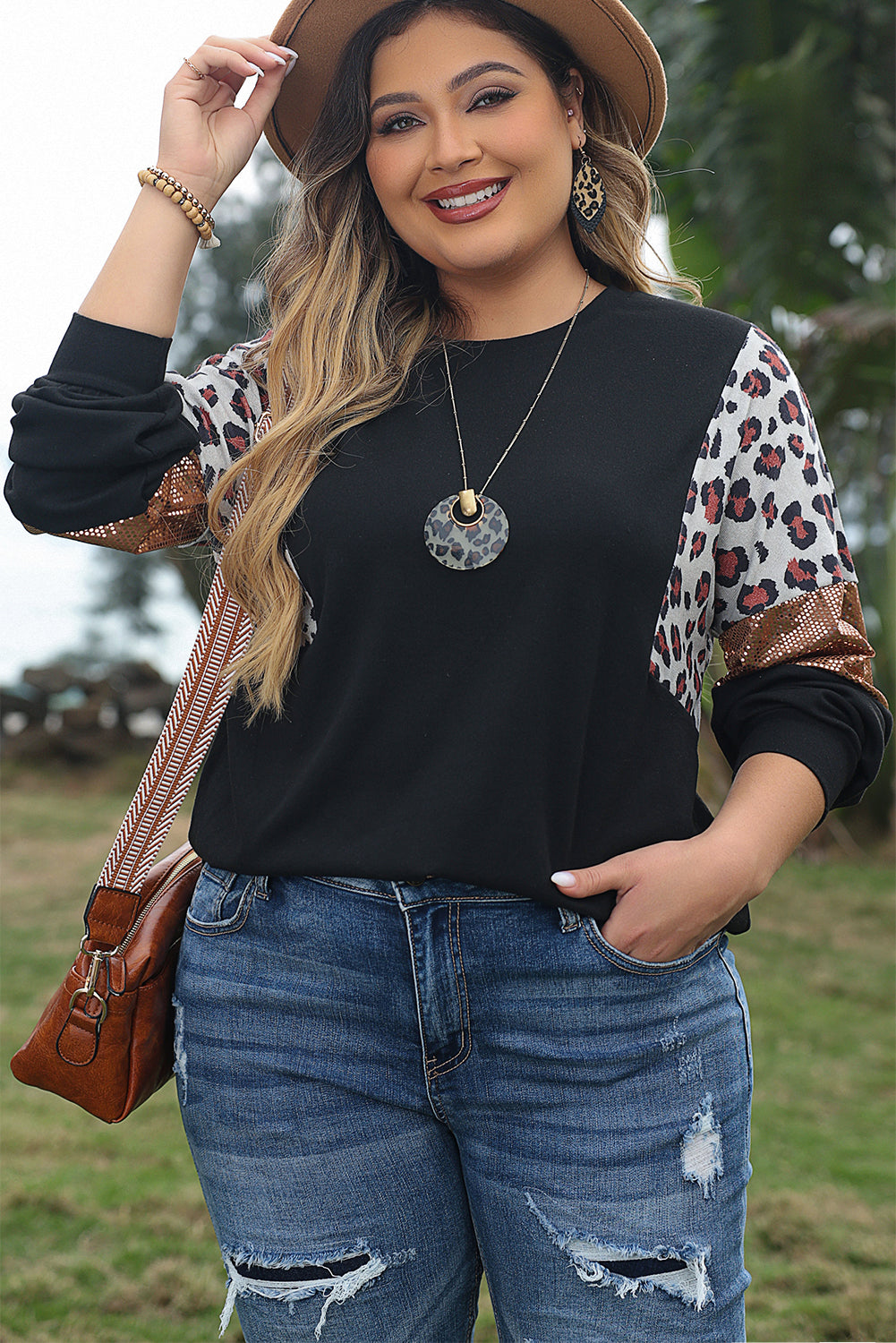 Black Leopard Sequin Plus Size Top