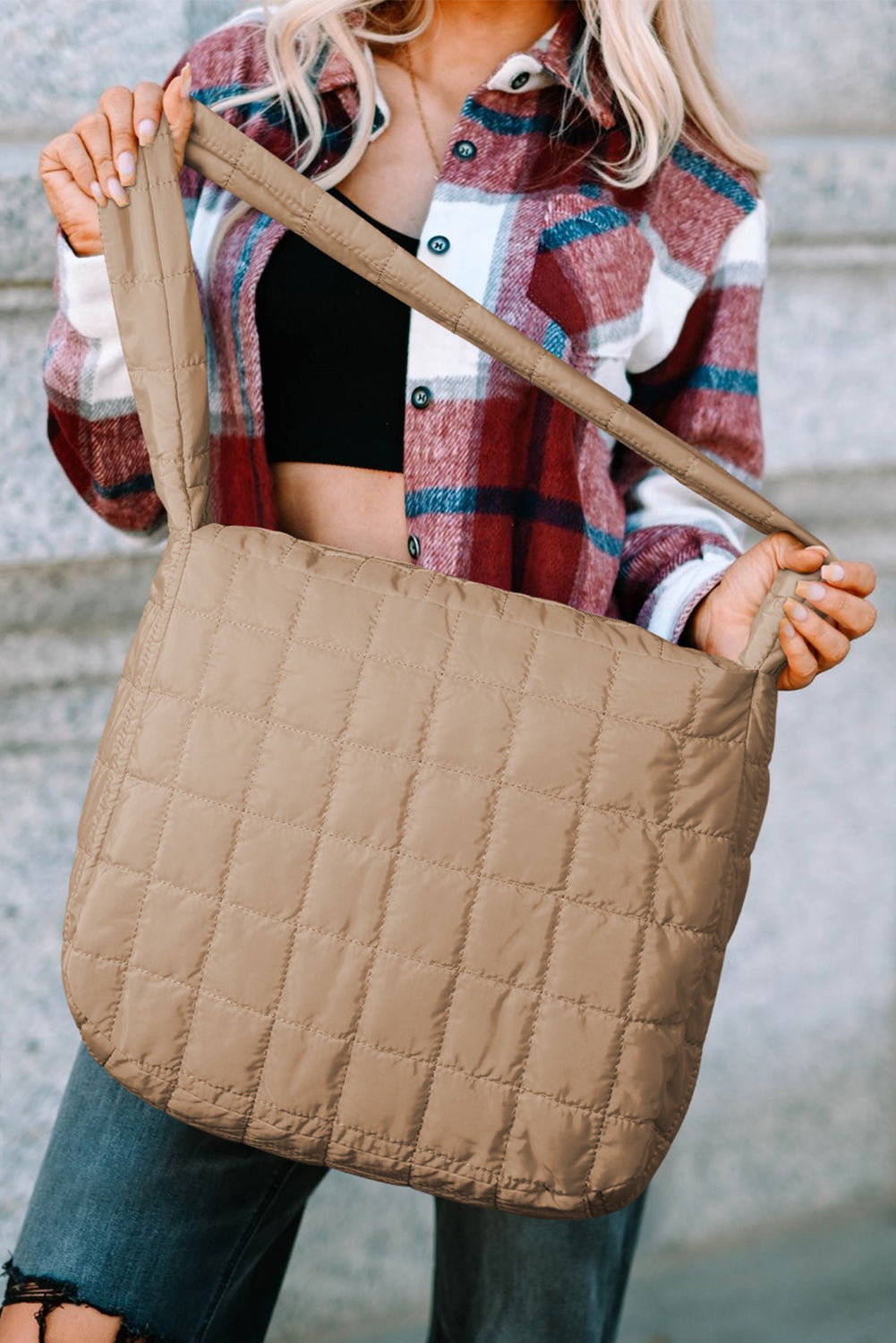 Beige Quilted Zipper Large Shoulder Bag