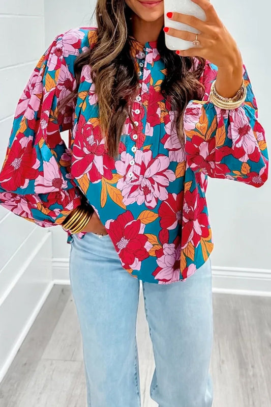 Red Floral Printed Balloon Sleeve Blouse