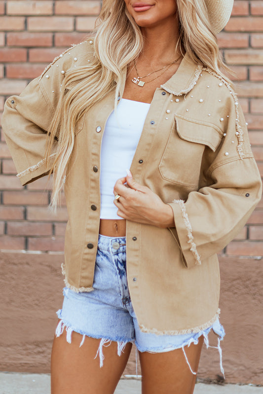 Khaki Pearl Beaded Denim Jacket