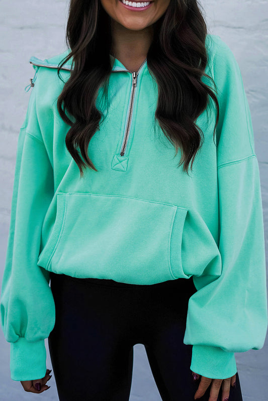 Mint Green Half Zip Kangaroo Pocket Hoodie