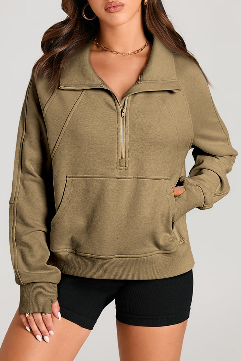 Brown Quarter Zip Pocket Sweatshirt