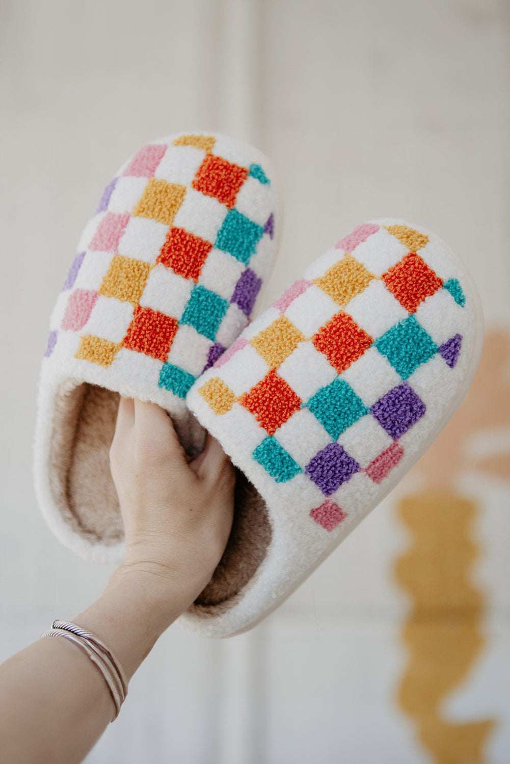 Vibrant Checkered Plush Slippers