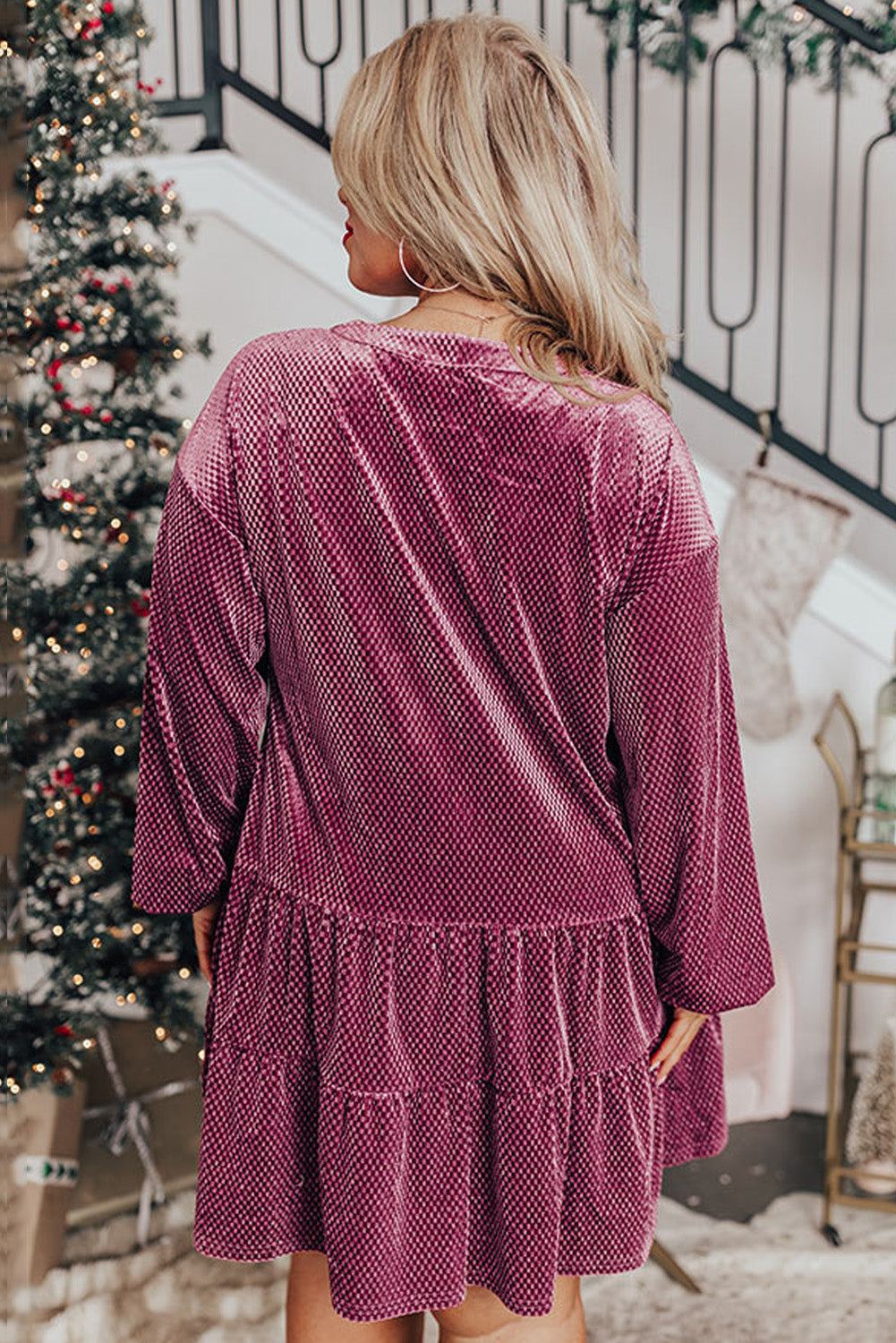 Mauve Plus Size Textured Velvet Tiered Dress