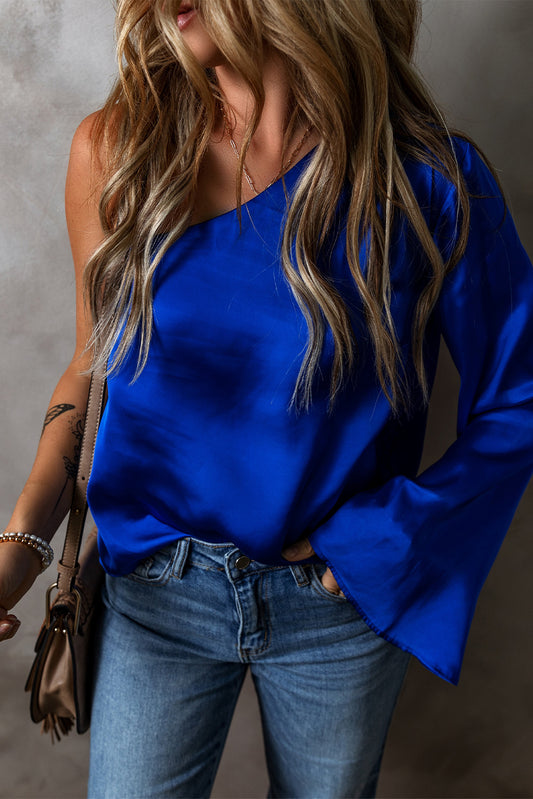 Blue One Shoulder Satin Top