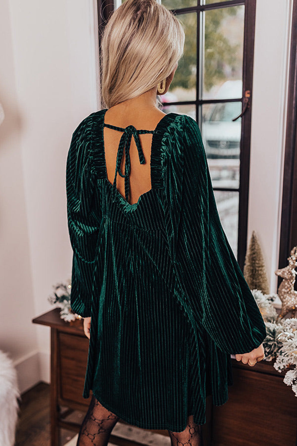 Green Tie Back Velvet Babydoll Dress