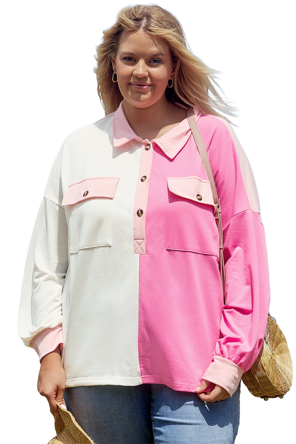 Pink Block Half Button Plus Size Top