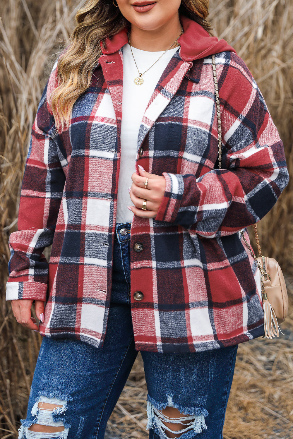 Plus Size Plaid Button up Hooded Jacket