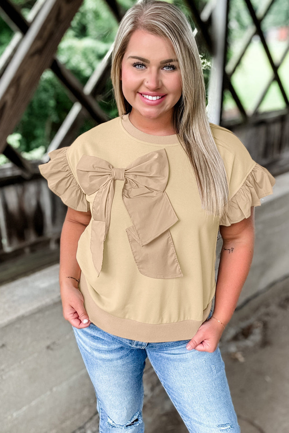 Cream Bowknot Plus Size Top