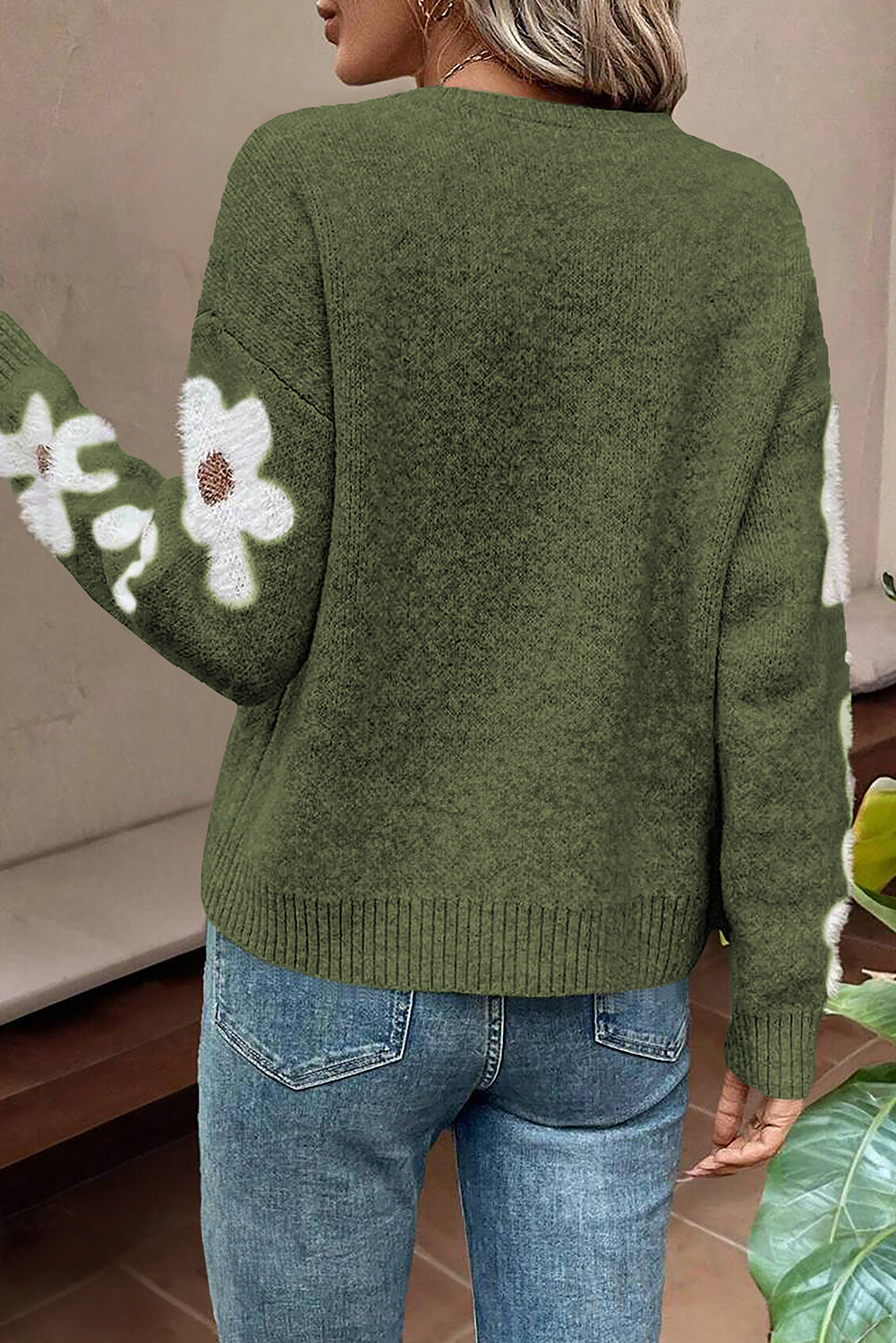 Moss Green Flower Sweater