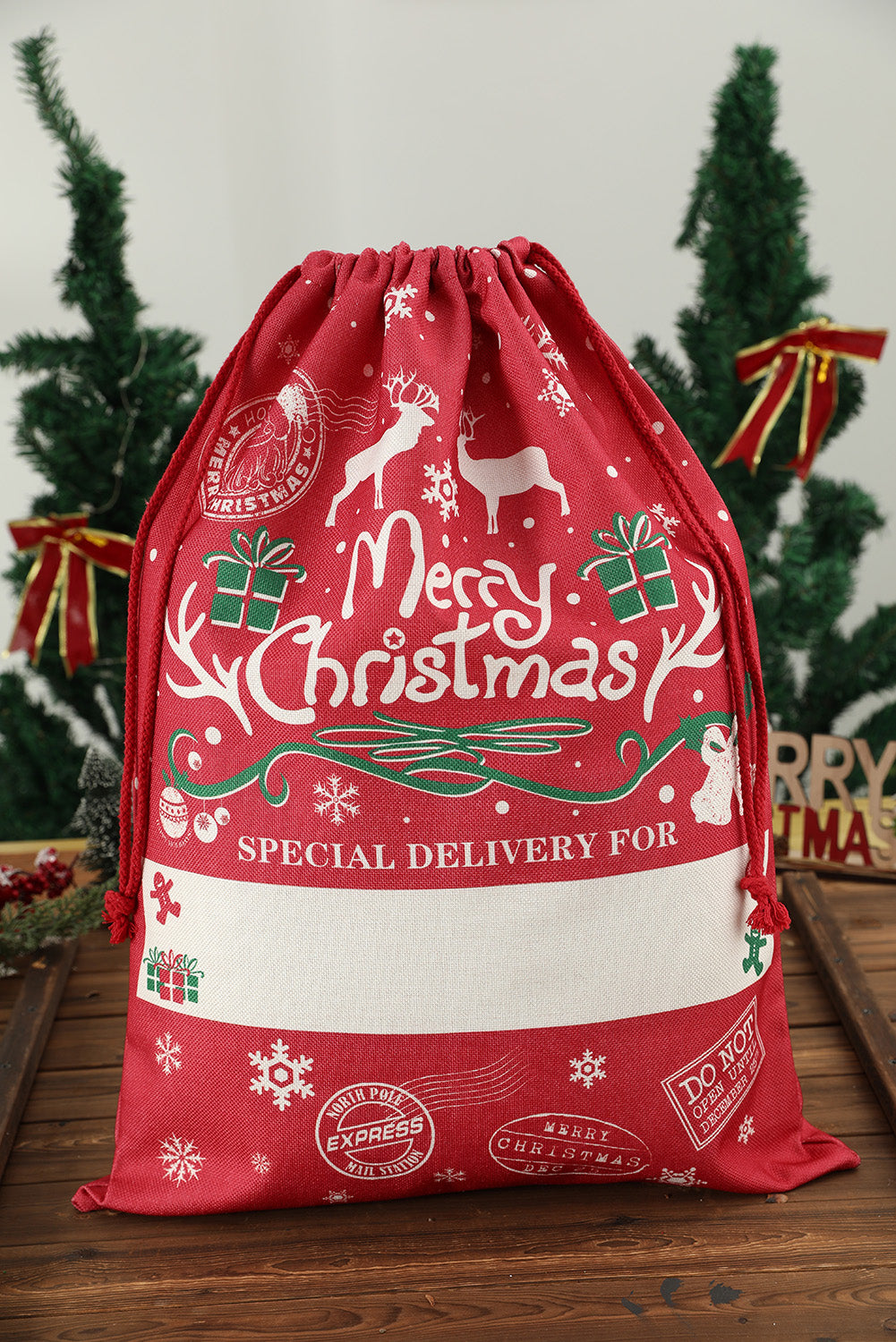 White Christmas Drawstring Large Gift Bag