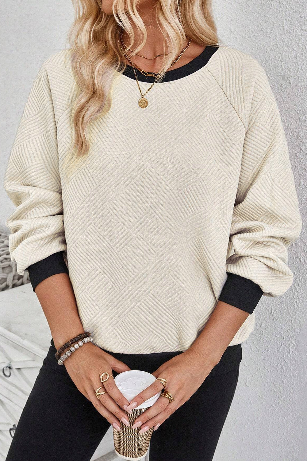 Cream Textured Crew Neck Top