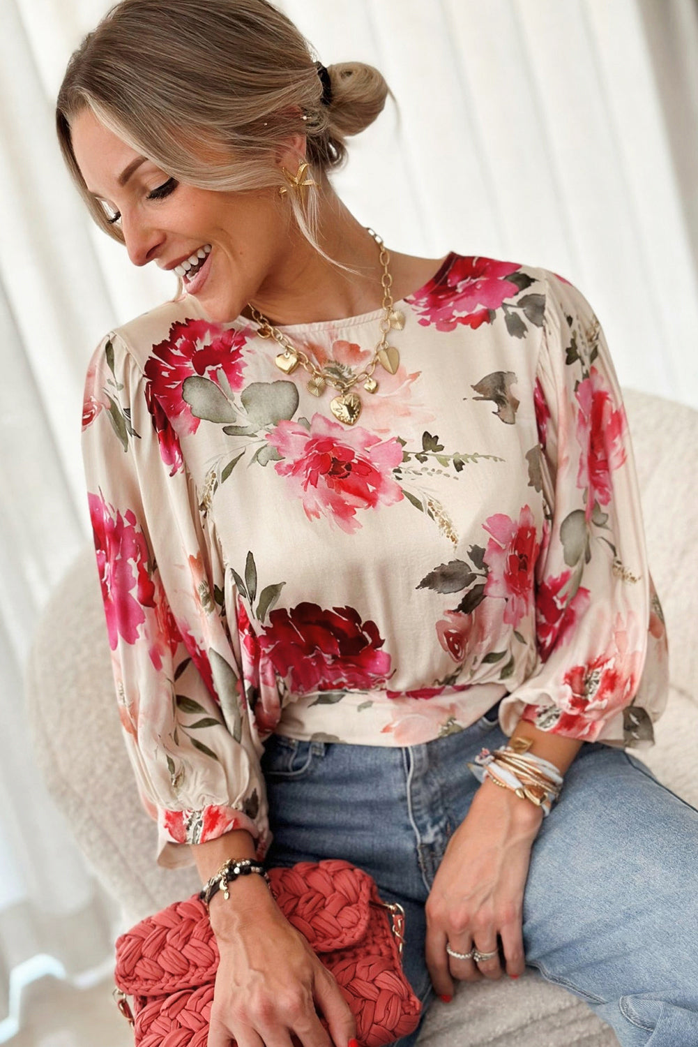 Rose Floral Lace-up Back Top