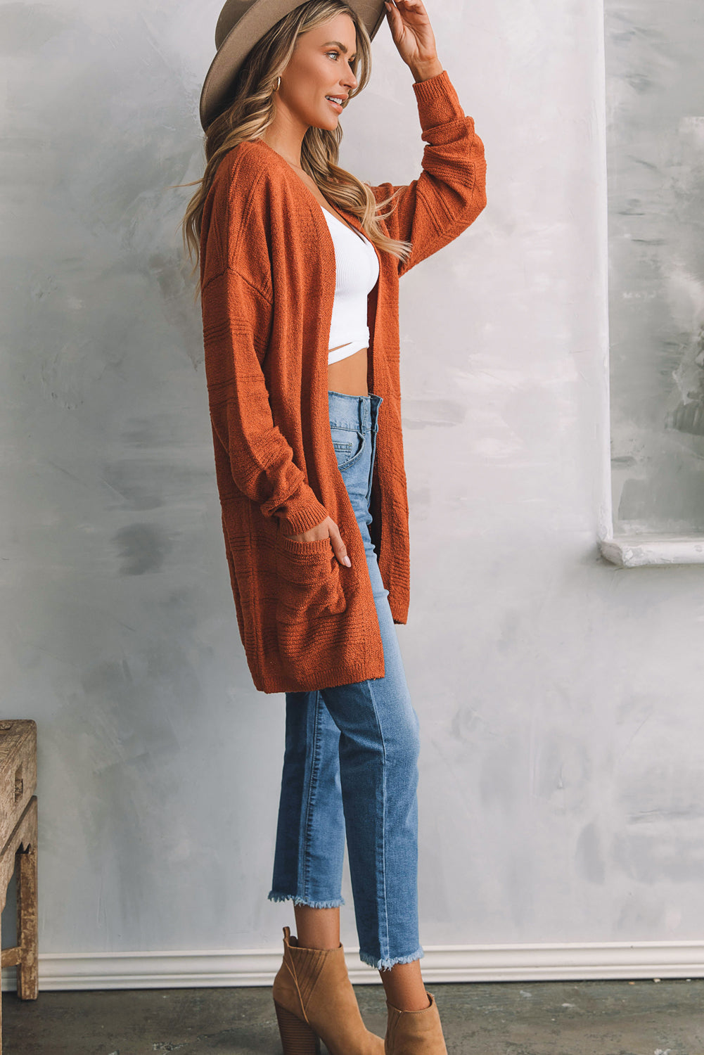 Burnt Orange Knit Cardigan with Pockets