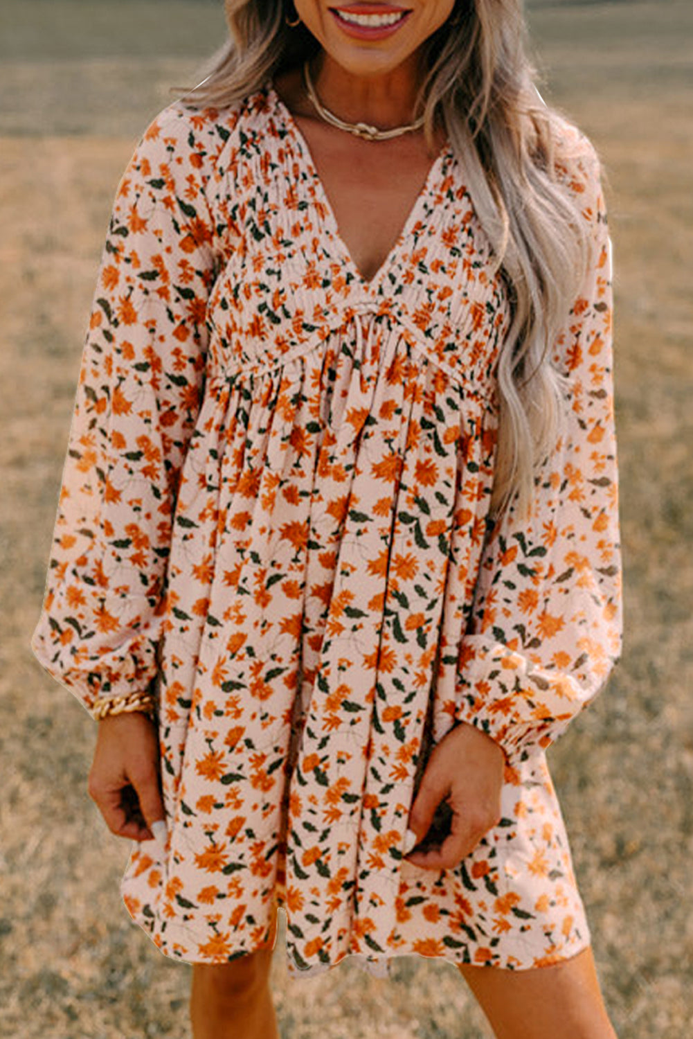 Beige Floral Babydoll Dress