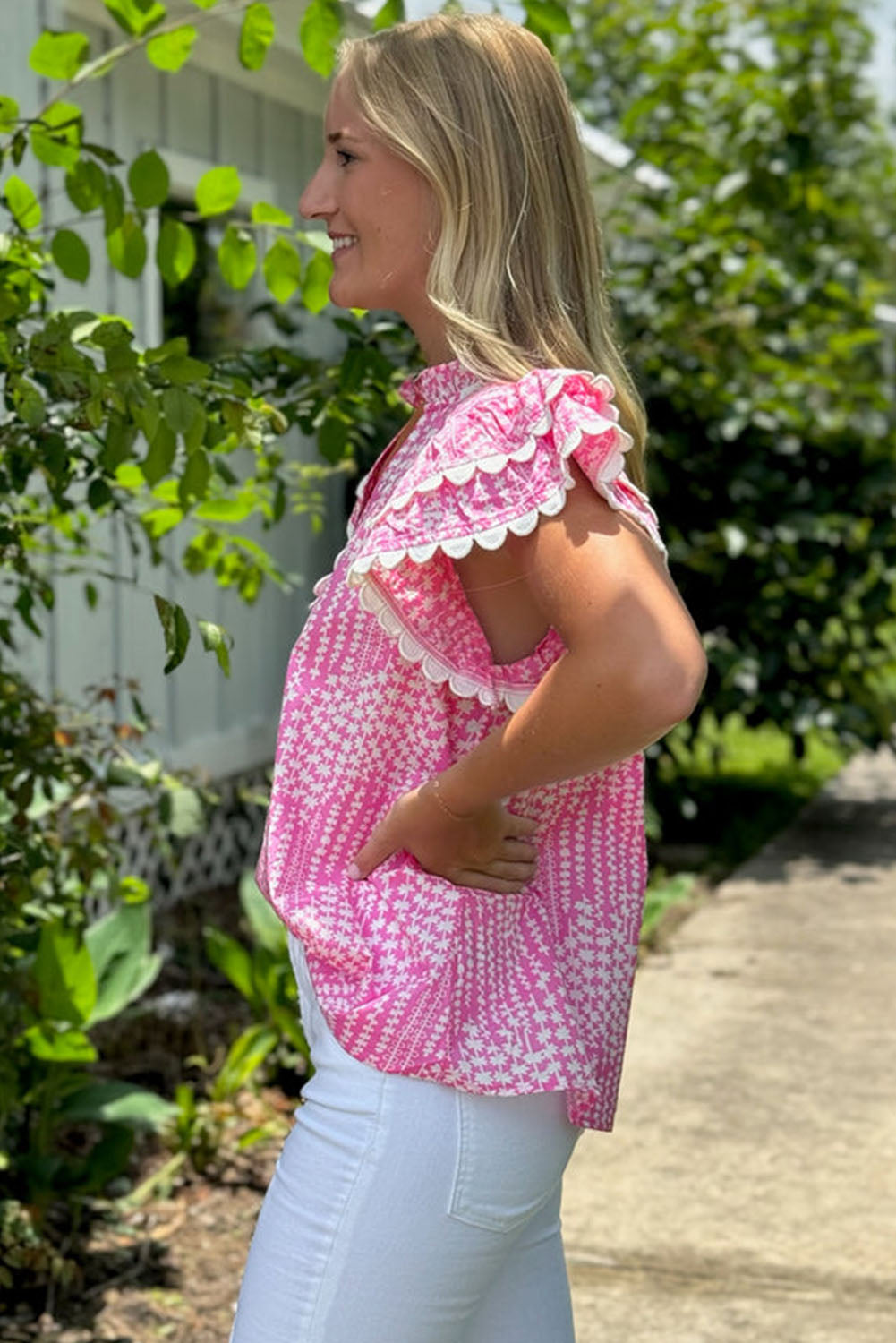 Pink Abstract Print V Neck Top