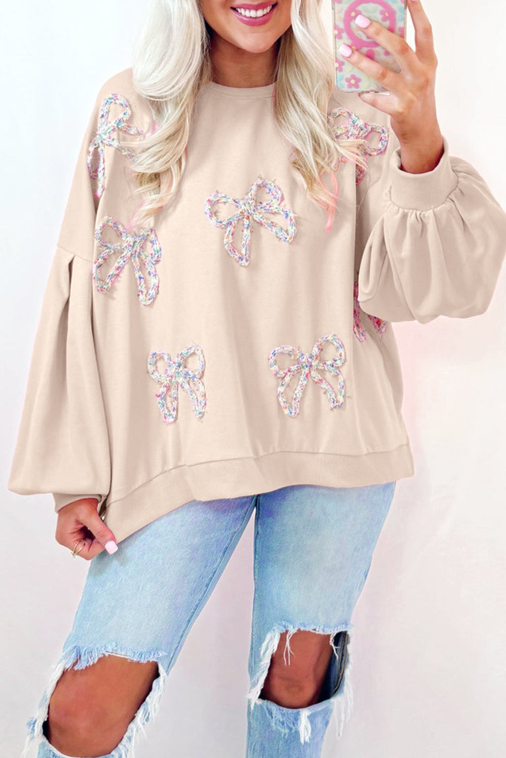 Embroidered Bow Pullover Sweatshirt