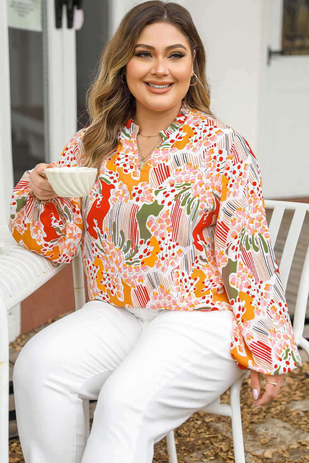 Orange Printed Floral Plus Size Top