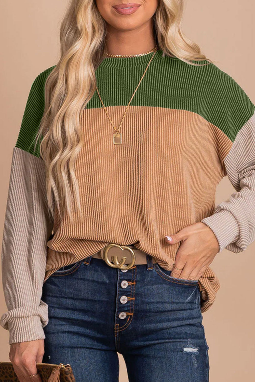 Green Block Long Sleeve Top