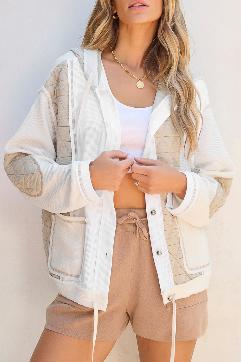 Beige Quilted Hooded Jacket