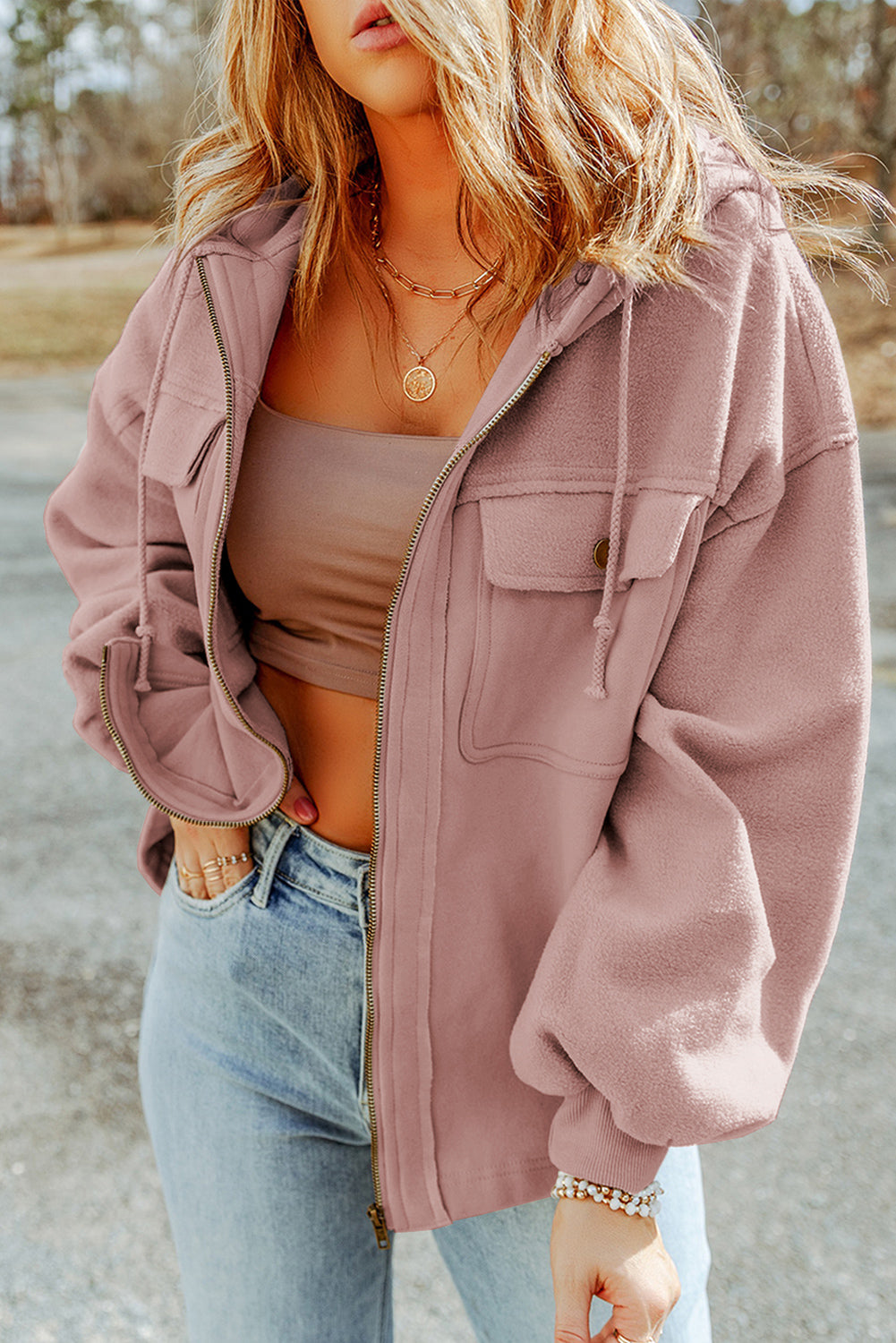 Pale Pink Hood Zip Up Jacket