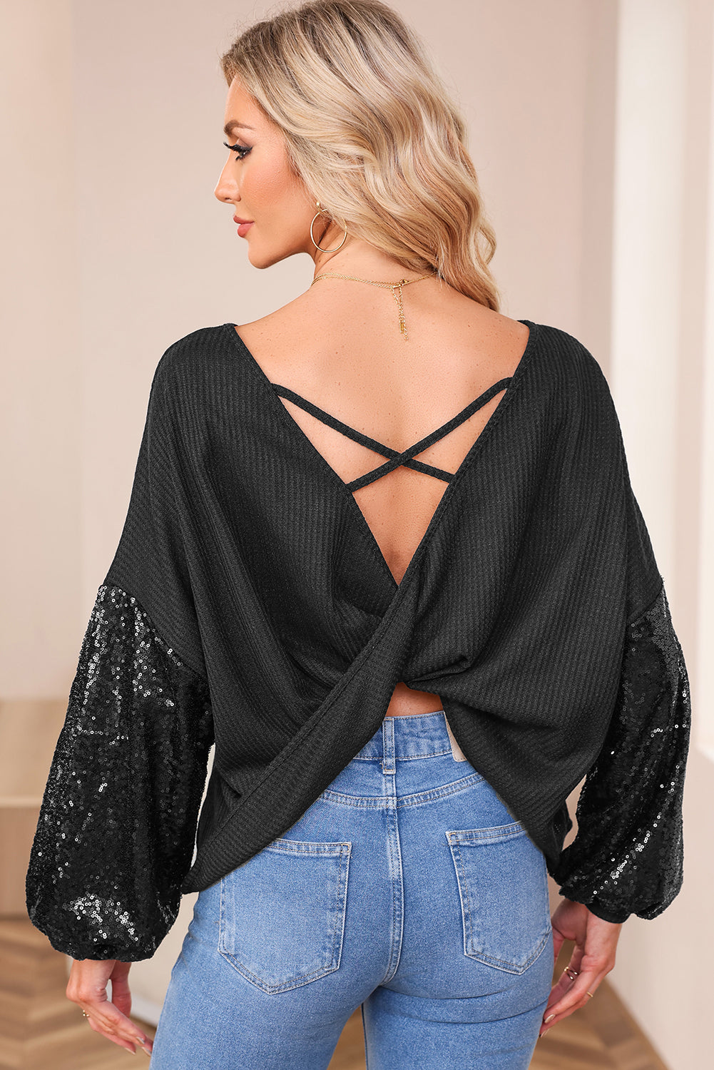 Black Sequin Open Back Top