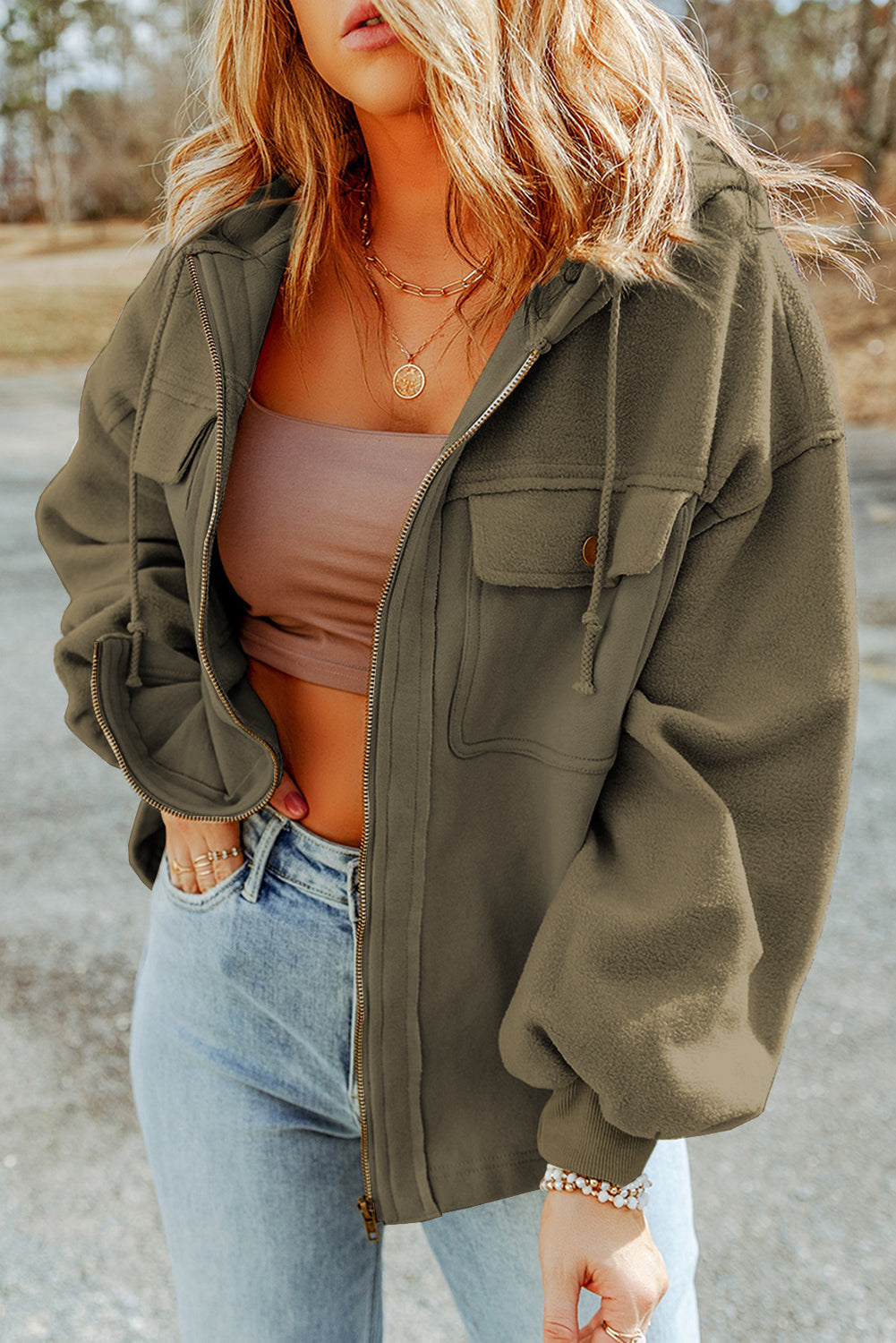 Green Drawstring Zip Up Jacket