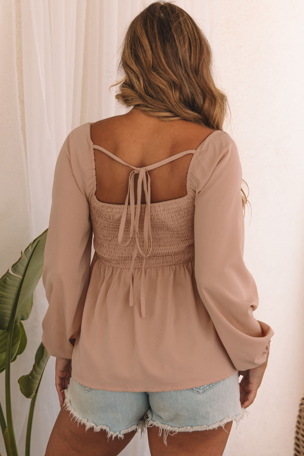 Tan V-Neck Smocked Back Top