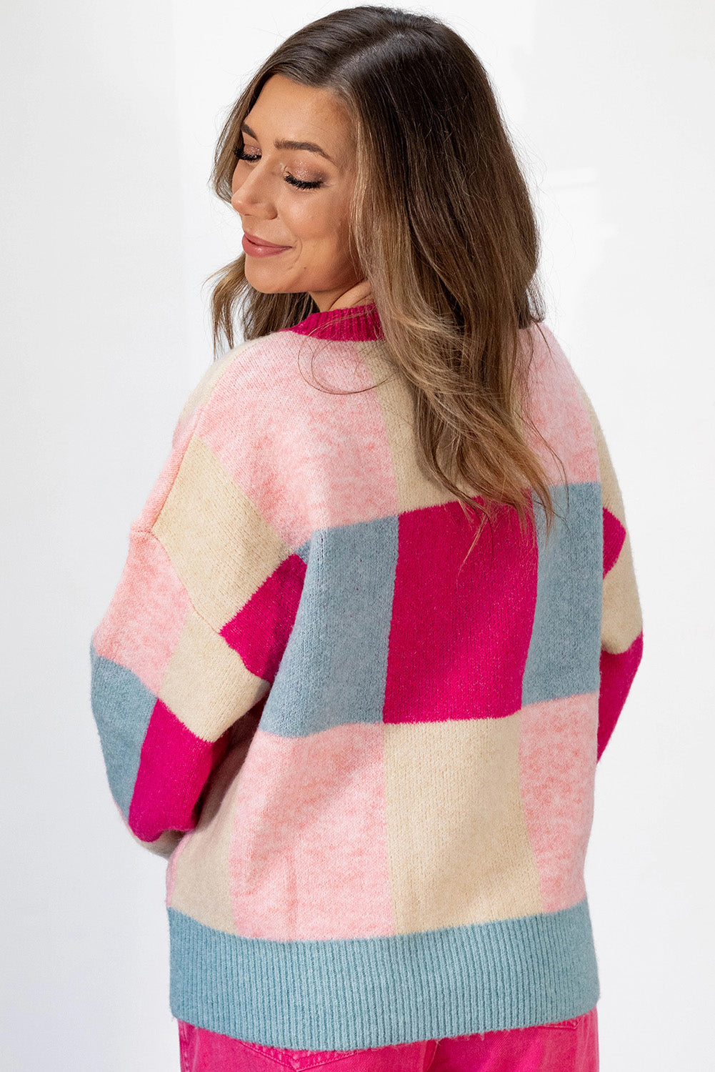 Rose Red Color Block Sweater