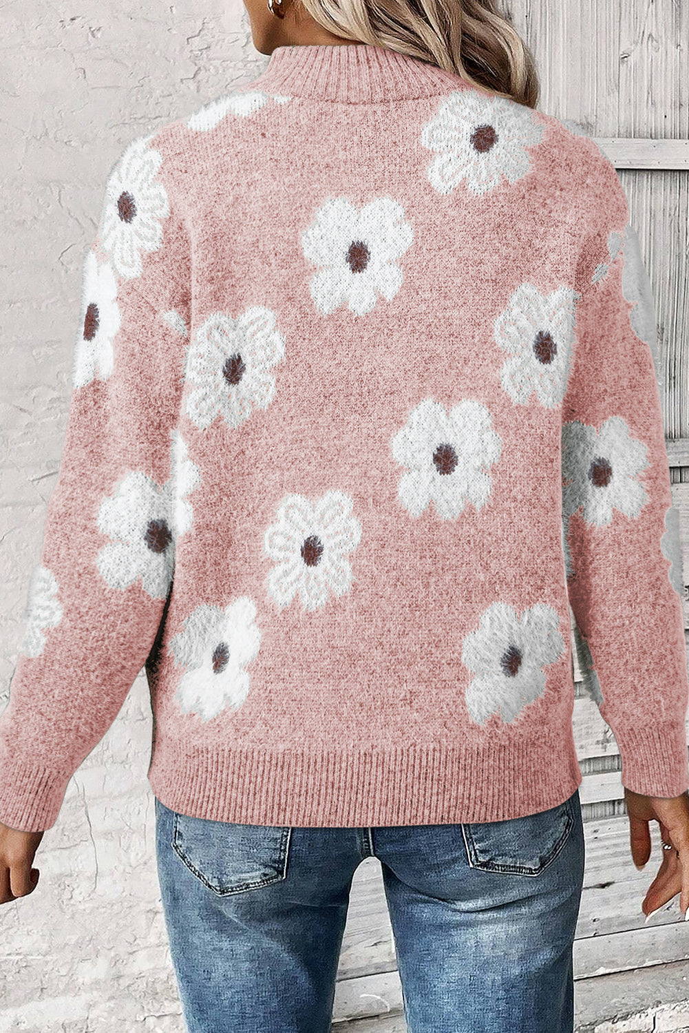 Pink Floral Half Zip Sweater