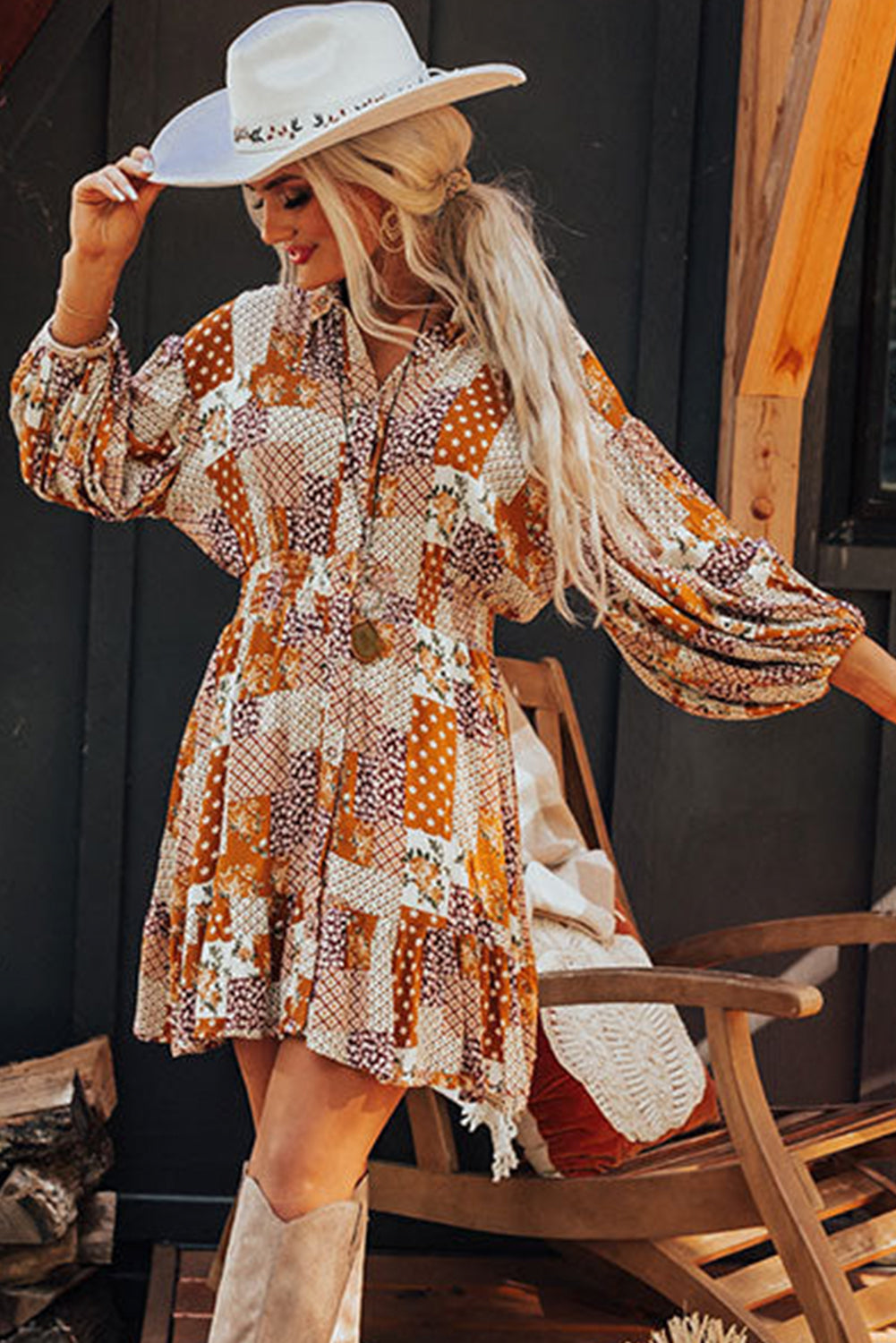 Orange Boho Floral Mini Shirt Dress