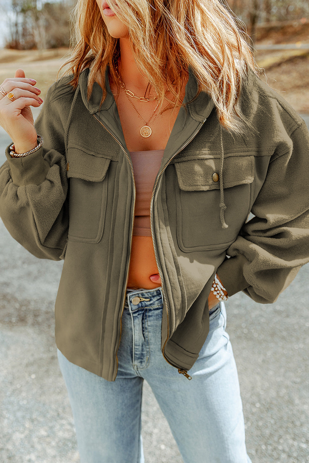 Green Drawstring Zip Up Jacket