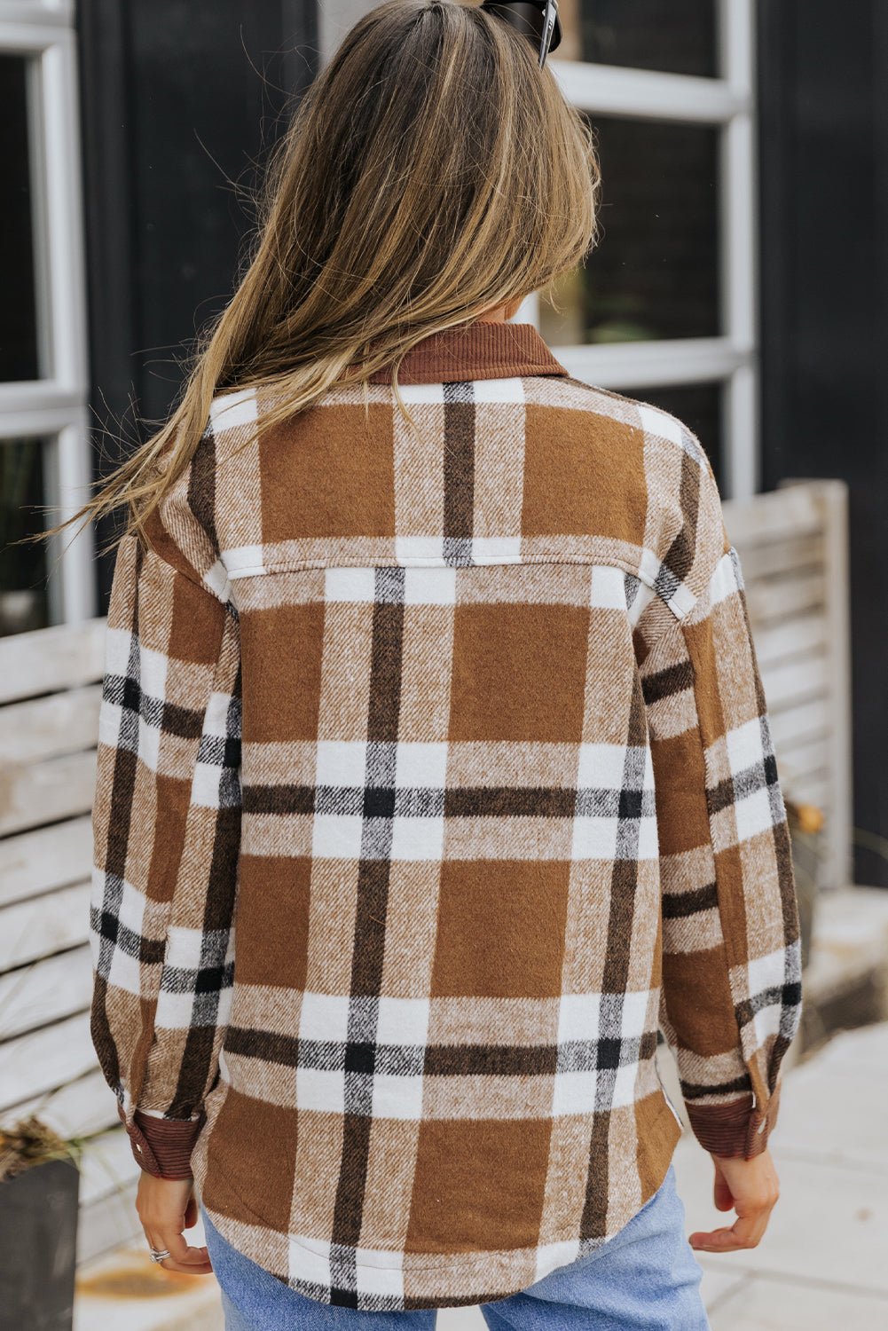 Brown Pocketed Buttoned Plaid Top