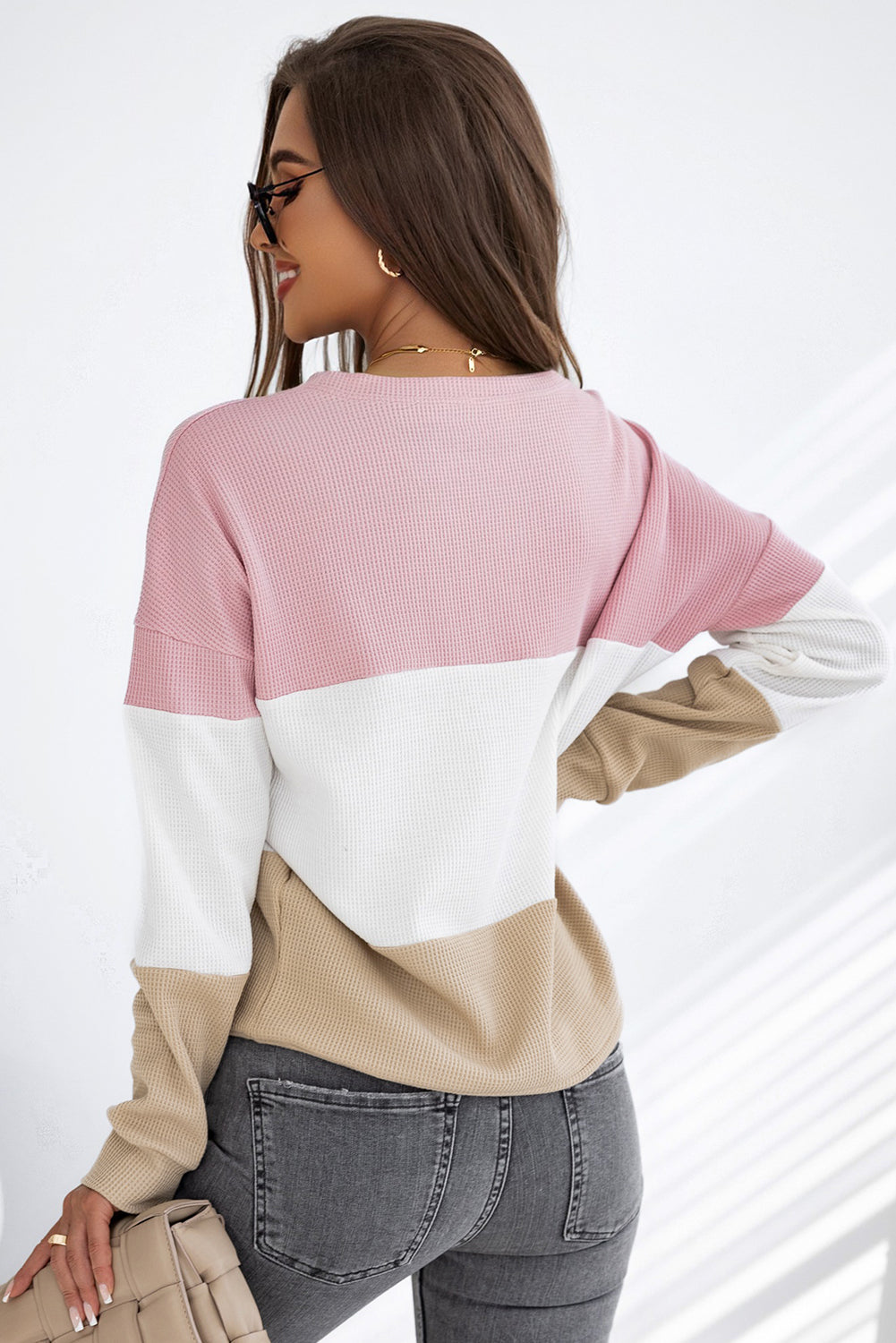 Pink Colorblock Waffle Knit Top