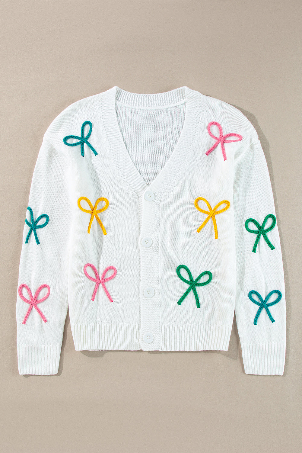 White Bowknot Drop Shoulder Knitted Button up Cardigan