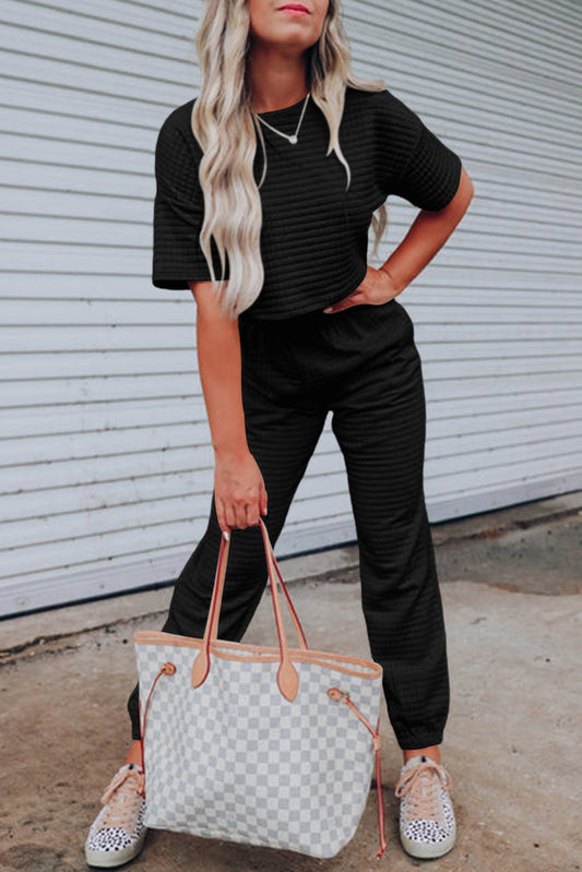 Black Lattice Cropped Textured Set