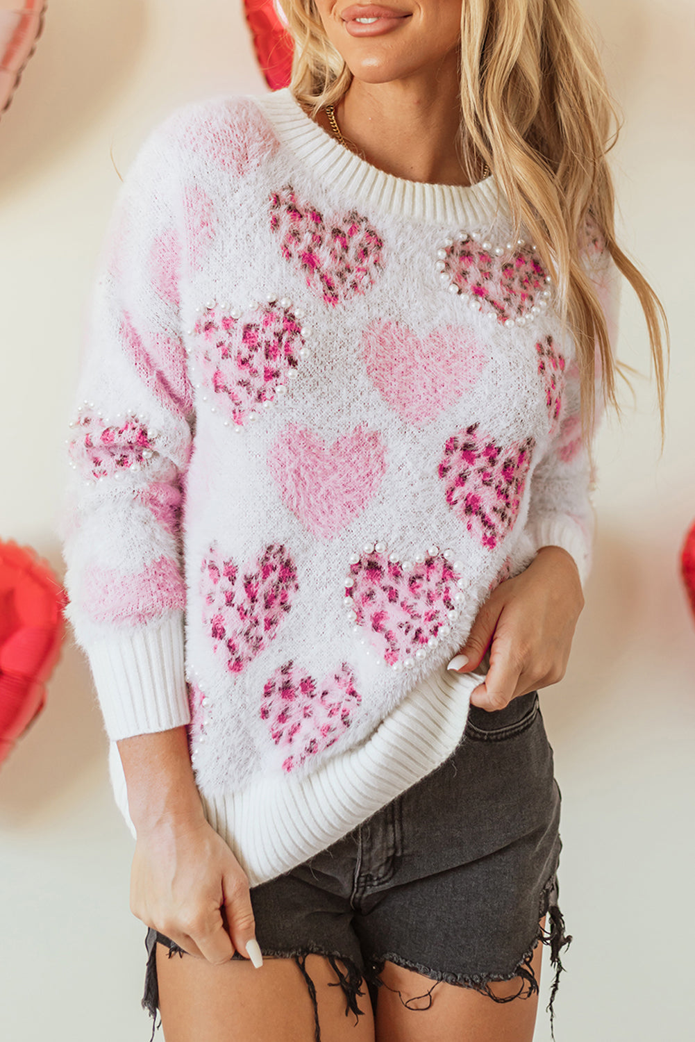 Pink Heart Leopard Fuzzy Sweater