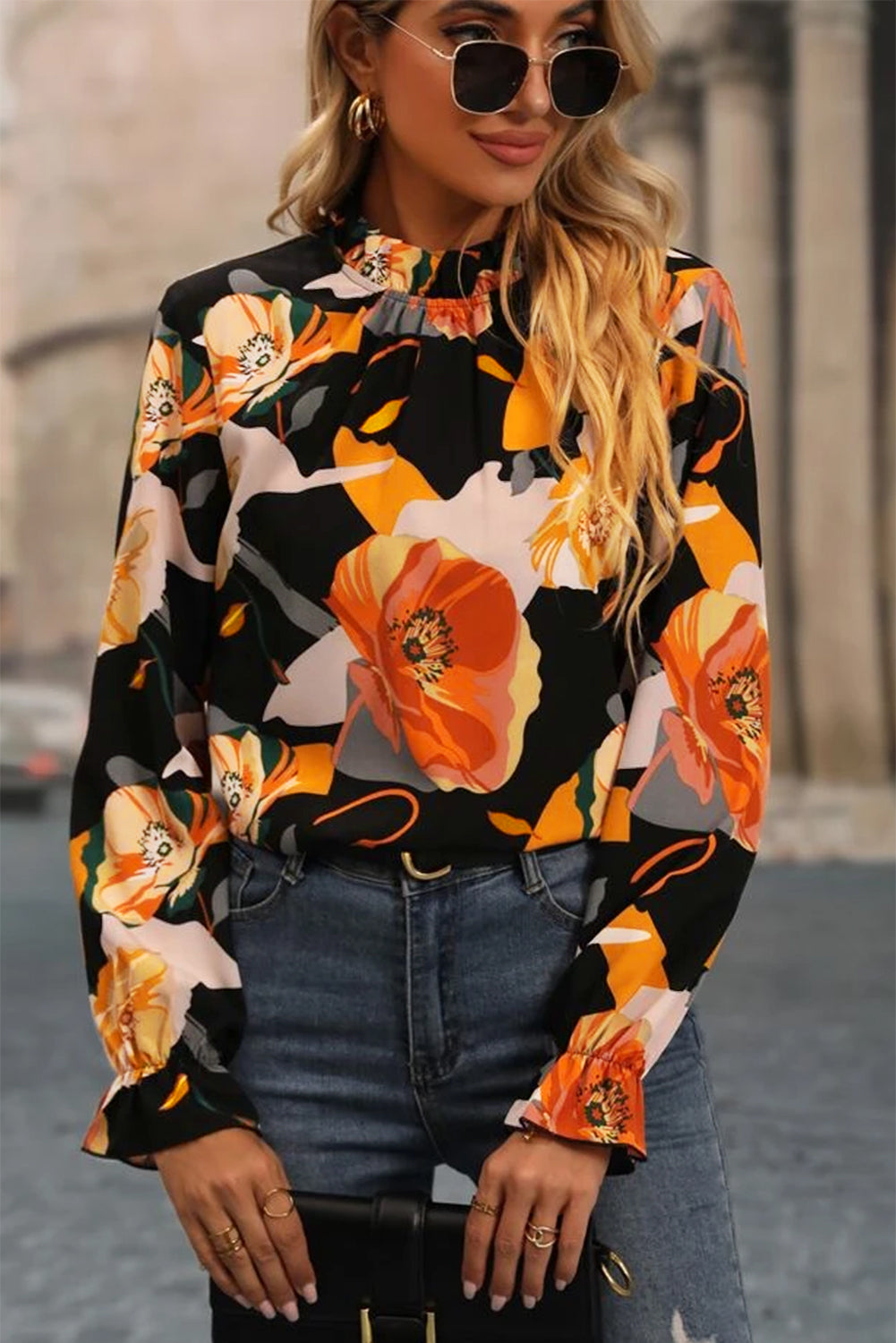 Black Floral Print Top