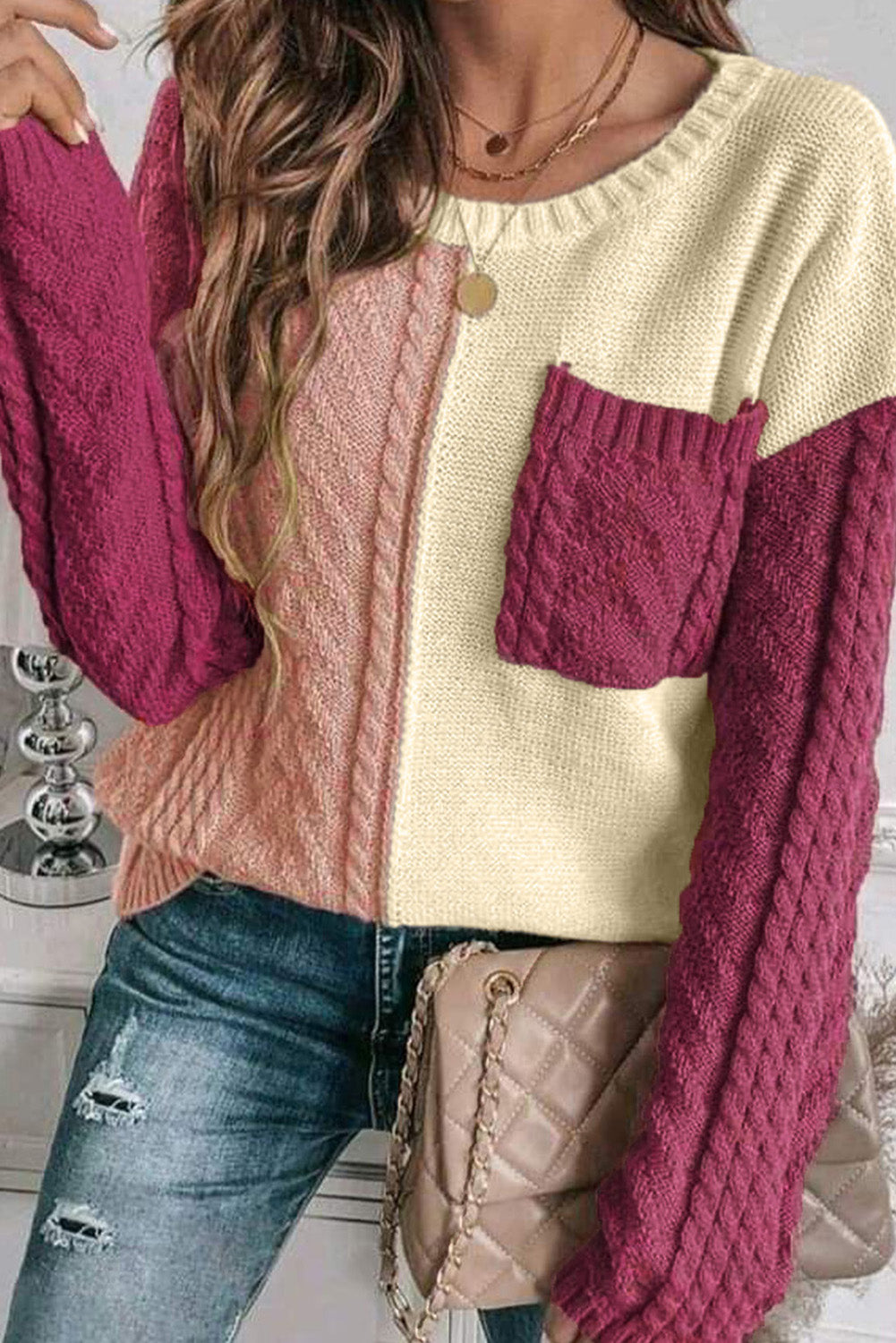 Rose Tan Colorblock Pocket Sweater