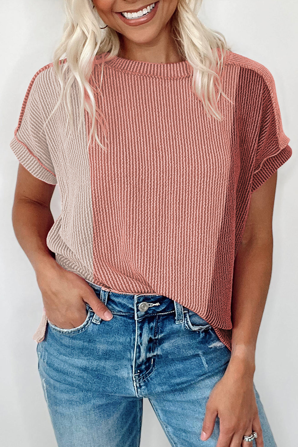 Apricot Pink Textured Colorblock Top