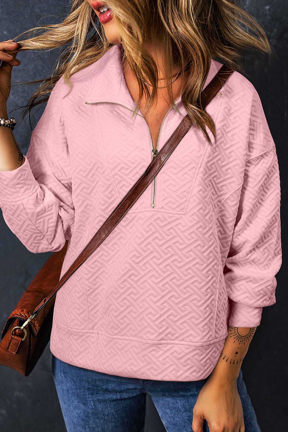 Light Pink Textured Half Zipper Sweatshirt