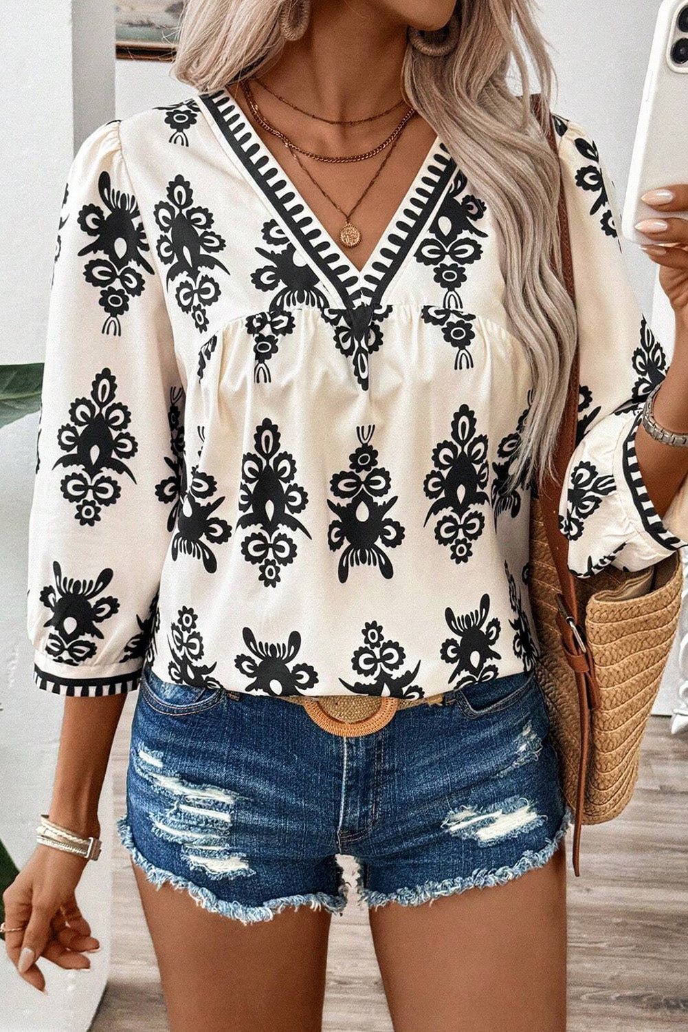 Beige Vintage Geometric Top