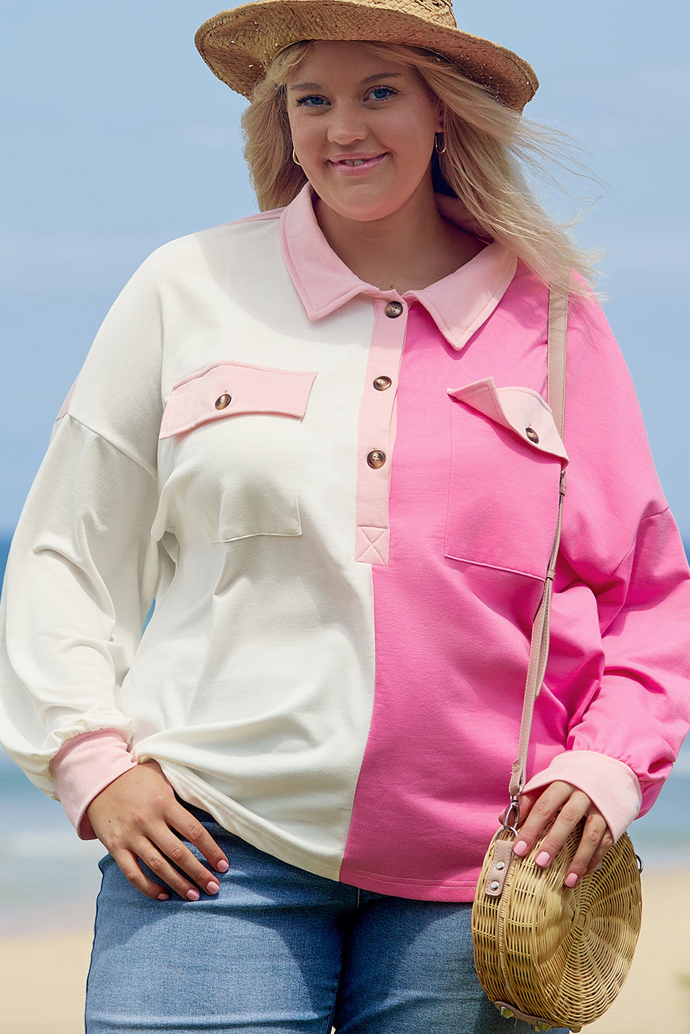 Pink Block Half Button Plus Size Top