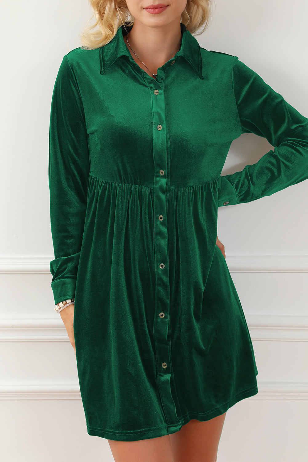 Green Long Sleeve Ruffle Velvet Dress