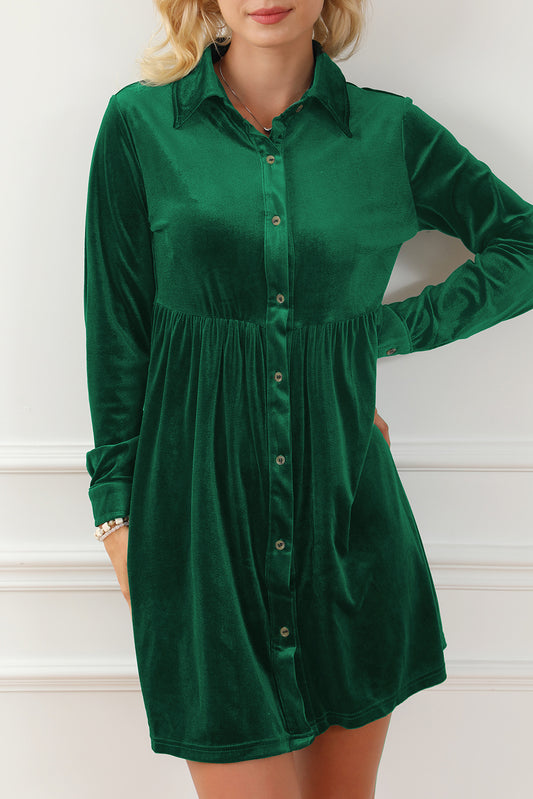 Green Long Sleeve Ruffle Velvet Dress