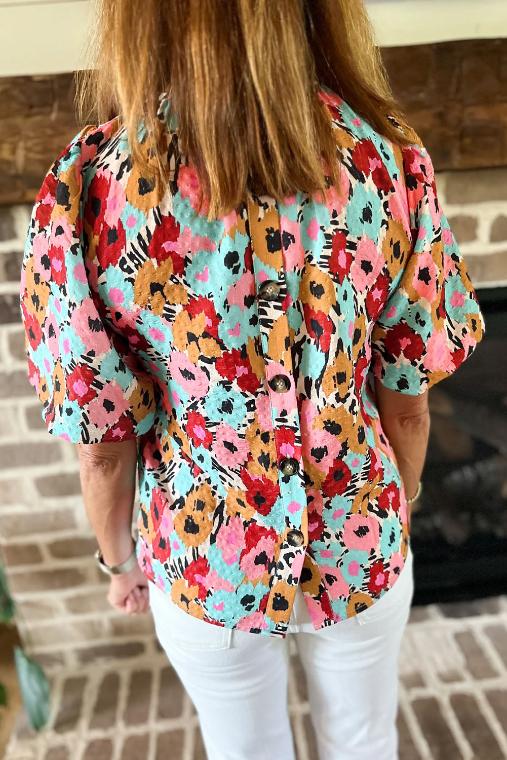 Frilled High Neck Buttons Back Floral Top