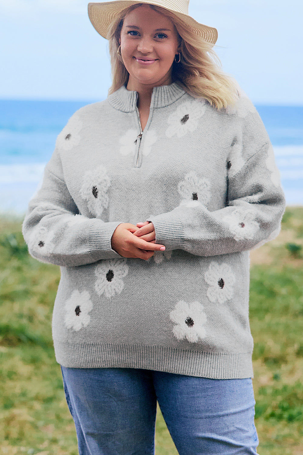 Gray Floral Plus Size Half Zip Sweater