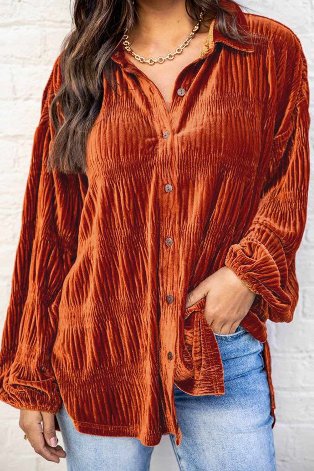 Burnt Orange Velvet Button Up Top